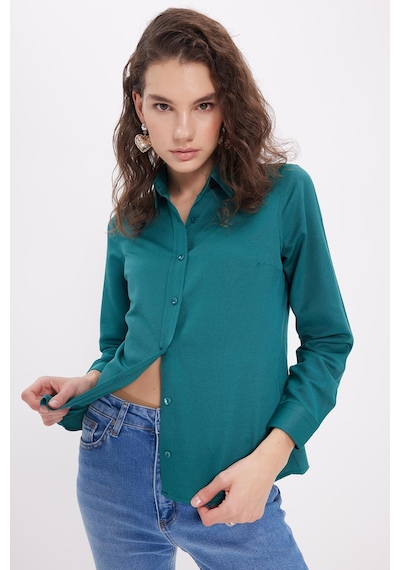 Tudors Kadın Slim Fit Dar Kesim Uzun Kollu Pamuklu Vücuda Oturan Dokulu Yeşil Basic Gömlek-38817