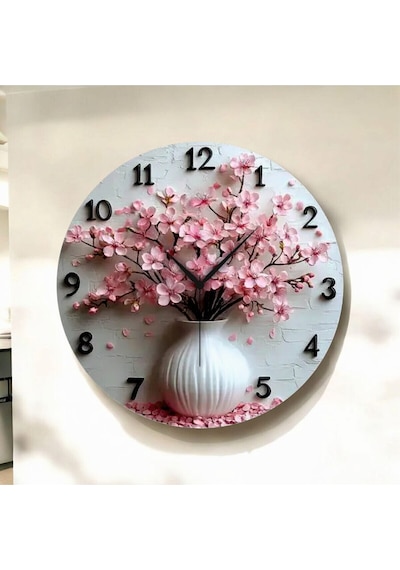 AA Shop Renkli Baskı Çiçek Saksı Desenli Sayılı Hediyelik Ahşap Sessiz Duvar Saati 50cm ÇOk Renkli