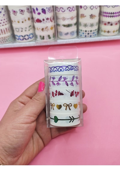 Renkli Yaldızlı Vintage Washi Tape Bant Yapışkanlı Maskeleme Kağıdı 5 Lı - Fiyonk 1