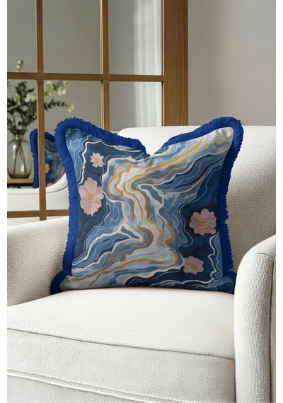 Çiçekli Geometrik Saçaklı Yastık Kılıfı - Soyut Floral Mavi Gold Lacivert Püsküllü Kırlent Kılıfı Puslu Düş Halo Çiçekli Geometrik Saçaklı Yastık Kılıfı - Soyut Floral Mavi Gold Lacivert Püsküllü Kırlent Kılıfı Puslu Düş Halo