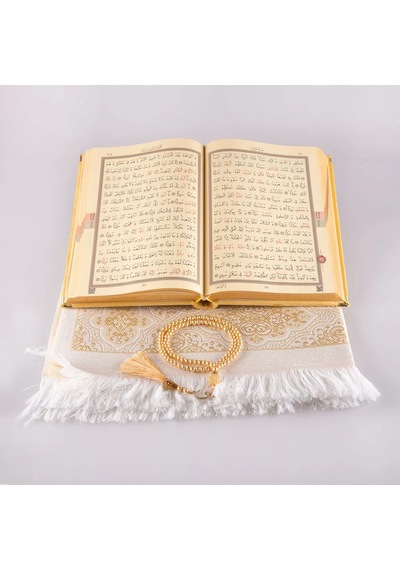 Kuran + Seccade + Tesbih Hediye Seti Hafız Boy, Elifvav, Kadife, Desenli Kutu, Gold