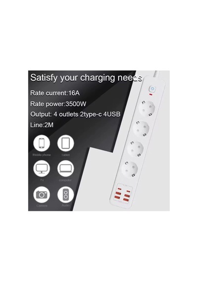 Termal Akım Korumalı 4 Lü Priz 4x Usb 2x Type-c Çıkışlı Grup Priz Çoğaltıcı 3500w 2 M