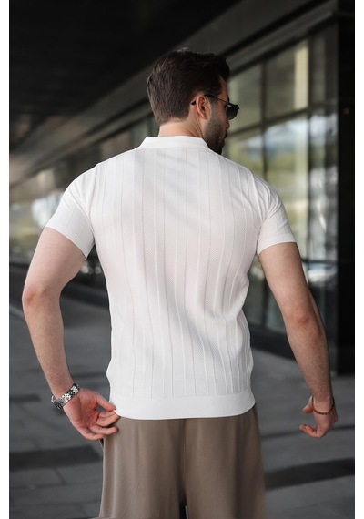 Madmext Beyaz Slim Fit Polo Yaka Triko Erkek Tişört E7491