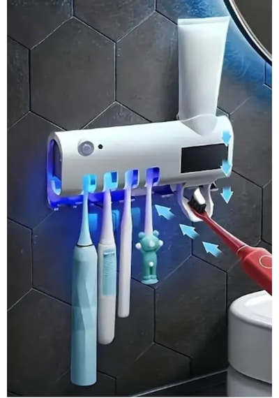 Diş Fırçası Tutacağı Ve Uv Sterilizatörü Diş Fırçası Düzenleyeci Otomatik Diş Macunu Sıkıcı Beyaz
