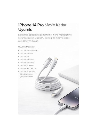 İphone Uyumlu Usb-c To Lightning Şarj Ve Data Kablosu, Beyaz 3m Standart 10876865