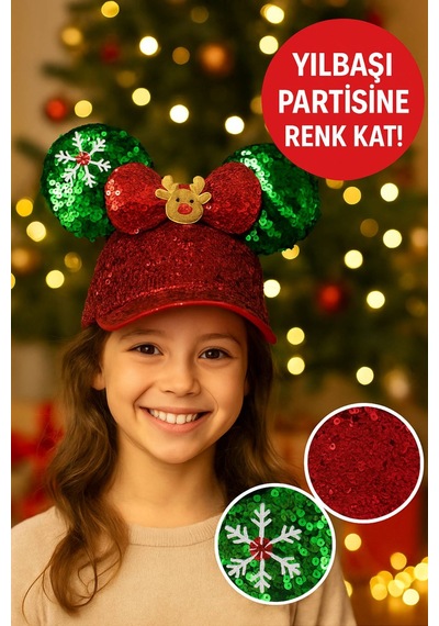 Parlak Payetli Yılbaşı Şapkası - Kırmızı Yeşil Geyik Figürlü Noel Partisi Aksesuarı