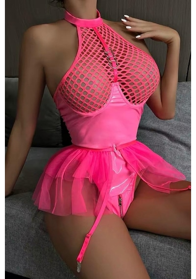 Bikini Mayokini Dünyası Etekli Latex Bodysuit - Neon-pembe