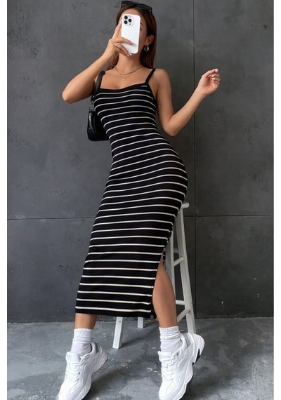 Butik İstanbul Kadın Askılı Yandan Yırtmaçlı Uzun Ottoman Elbise Siyah