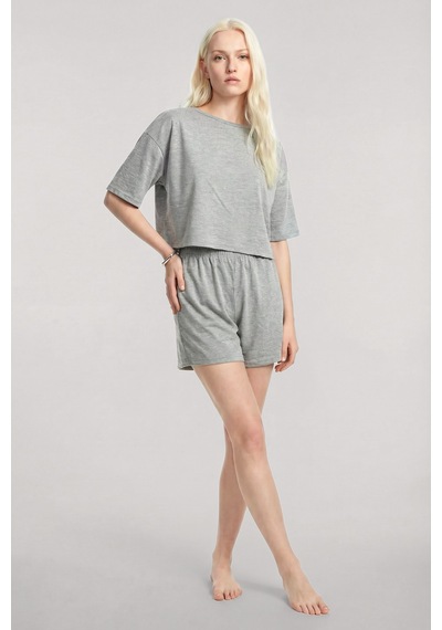 Akbeniz Kısa Kollu Şortlu Pijama Takımı Gri