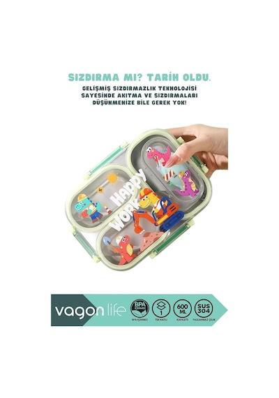 Bento 600ml Lunchbox Sevimli Desenli Tek Katlı 2 Bölmeli Sızdırmaz Paslanmaz Çelik Sefer Tası Çocuk Okul Yemek Kutusu Plastik Kaşık Hediyeli Bpa Yok Özel Kutulu - Mavi Cok Renkli