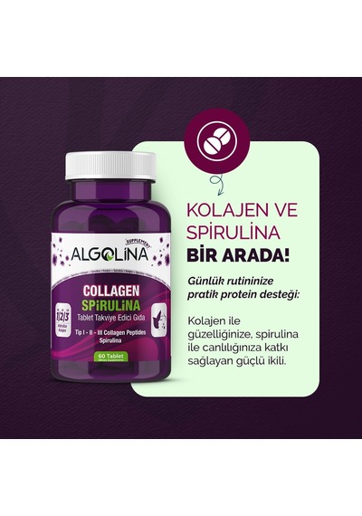 Collagen + Spirulina Tablet Takviye Edici Gıda - 1260 Mg 60 Tablet - Kolajen Tip 1 2 3