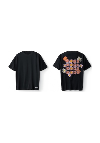 Bumeta Flowers Work Work Work Çiçek Baskılı Oversize Unisex Tişört T-shirt Siyah