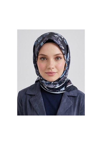 Bushu Çiçek Ve Desenli Twill Eşarp İndigo