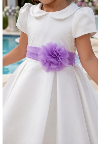 Babyhola Kız Çocuk Sade Beyaz Saten Abiye Elbise Balo Elbisesi 7152 Mor