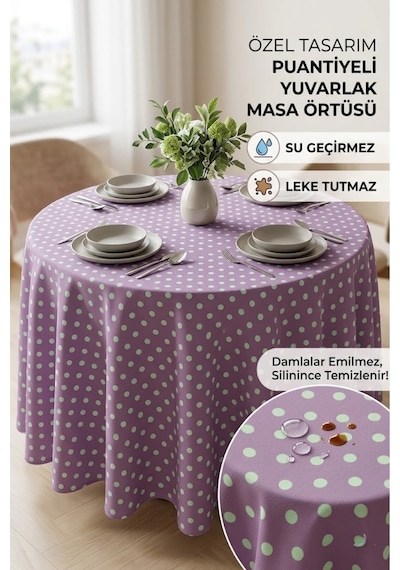 Dekoratif Puantiyeli Yuvarlak Masa Örtüsü Sıvı Geçirmez Lila Puantiyeli Masa Örtüsü Mor