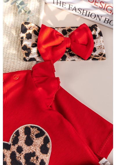 Babymod Leopar Desenli 3'lü Pamuklu Kız Bebek Takım Set Kırmızı