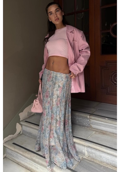Madmext Ekru Çiçek Desenli Vintage Şifon Maxi Etek Mg2776