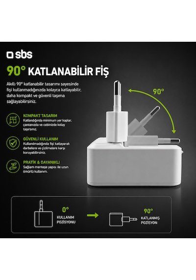 Sbs Flexi 20w Gan Katlanabilir Hızlı Şarj Adaptörü Usb-c Pd 20w + Usb-a Afc 18w Çift Çıkış Beyaz