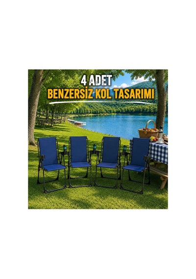 Holiday Kamp Sandalyesi Piknik Katlanır Bardaklıklı Plaj Sandalyesi 4 Adet Lacivert Lacivert 4 Adet
