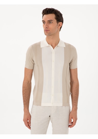 Cacharel Bej Slim Fit Düğmeli Kısa Kollu Triko Hırka