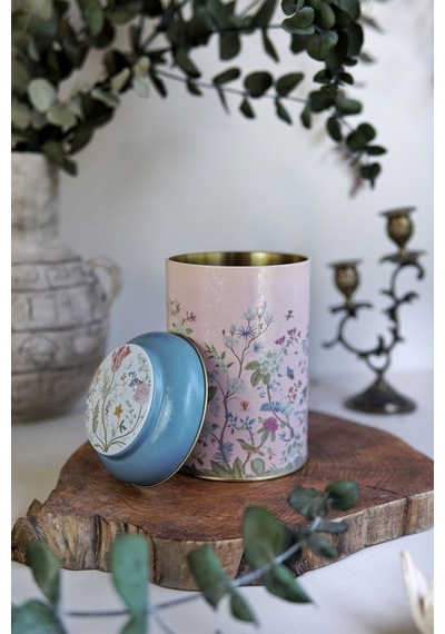Flora Pink Desenli Yuvarlak Metal Saklama Kabı, 10,5 X 15 Cm, 1,1 Lt Desenli