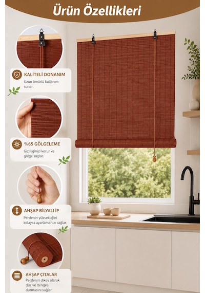 Ahşap Doğal Bambu Katlamalı Stor Perde Güneş Kırıcı Dekoratif Bahçe Balkon Ev Pencere Güneşlik Koyu Kahverengi