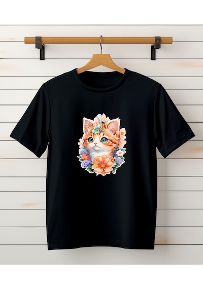 Aselinda Unisex Sevimli Minik Kedi Baskılı T-shirt Siyah