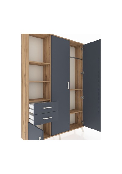 Arges Dolap 5 Raflı 2 Çekmeceli Tek Askılı 132x30x195 Çam-antrasit/antrasit Antrasıt/antrasıt