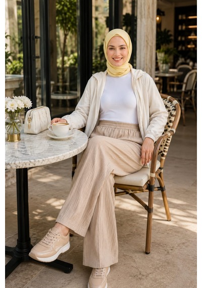 Hb Harma Time Butik Kadın Beli Lastikli Çilek Kumaş Bej Salaş Pantolon Vizon Vizon
