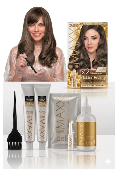 Maxx Deluxe Golden Beauty Set Saç Boyası 8.11 Yoğun Küllü Açık Kumral 2li + Fırça+pratik Boya Kabı