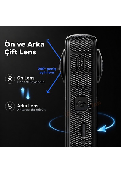 X5 Pro 360 Derece Aksiyon Kamera 4k Çift Lensli 2 X 200 Geniş Açı Ips Ekranlı Panoramik Siyah