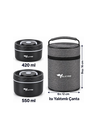 Valkyrie 2 Katlı Taraftar 304 Paslanmaz Çelik Yemek Termosu 420+550 Ml Isı Yalıtımlı Çantalı Siyah