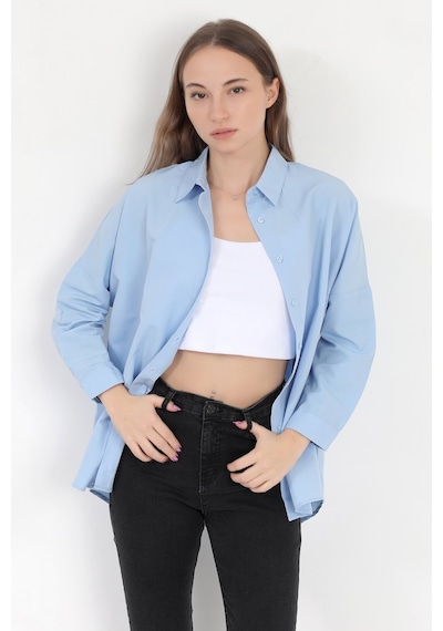 Giysa Kadın Buz Mavi Uzun Kollu Basic Pamuklu Oversize Gömlek - 3900 Mavi