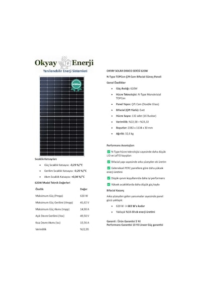Okyay Enerji 620w Topcon Bifacal Monokristal Yüksek Teknoloji Güneş Paneli