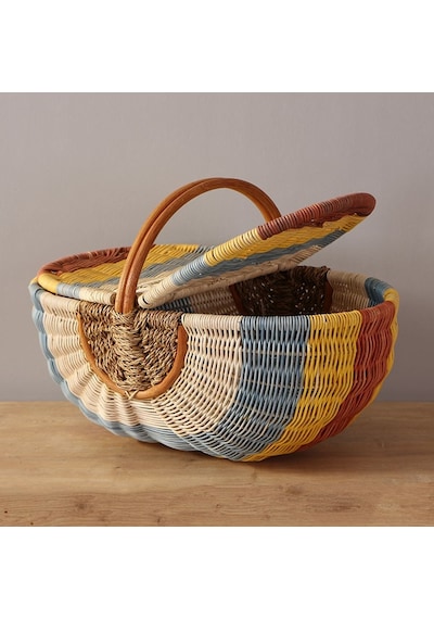 Bohem Large Boy Renkli Piknik Sepeti, Brunch Sepeti, Dekoratif Sepet, Iskandinav, Modern, Rattan