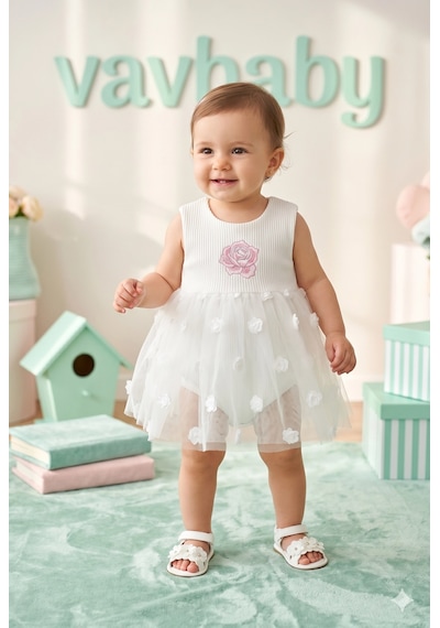 Kız Bebek Gül Nakışlı Tül Detaylı Tütü Elbise Beyaz