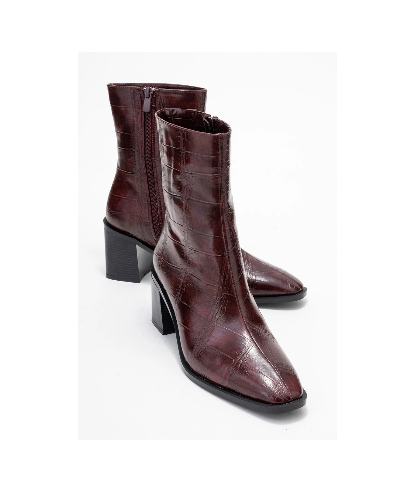 Luvishoes Chara Bordo Baskı Kadın Kalın Topuklu Bot Bordo