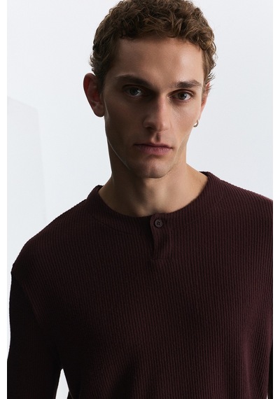 Antioch Tek Düğme Fitilli Uzun Kollu T-shirt Bordo