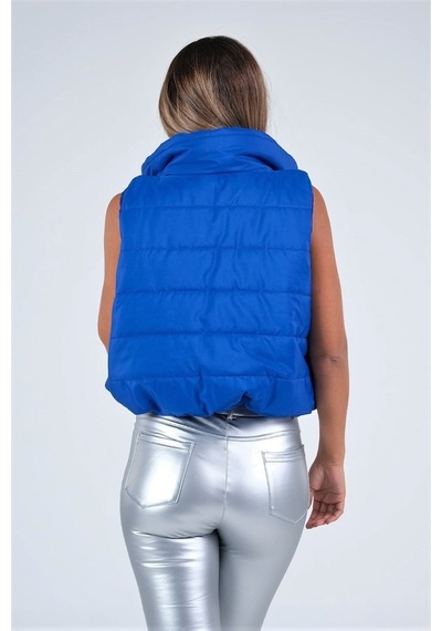 Keyifli Moda Kadın Saks Mavi Dik Yaka Beli Lastikli Cepli Kısa Şişme Yelek