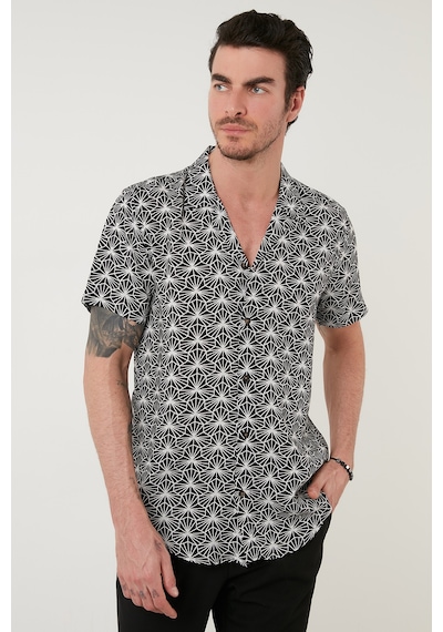 Buratti Regular Fit Kısa Kollu Apaş Yaka Desenli Erkek Gömlek Cf21S114293 Beyaz-Siyah