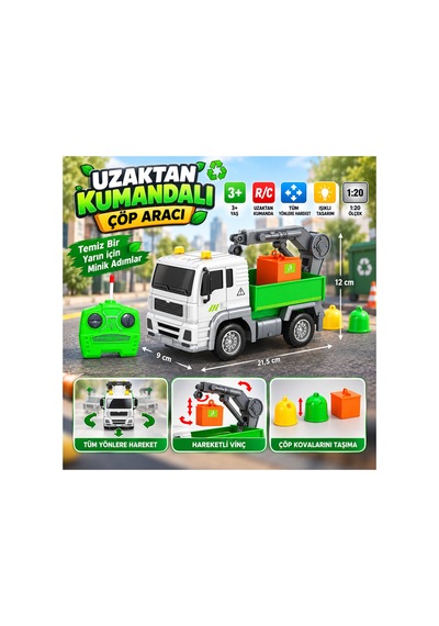 Uzaktan Kumandalı Çöp Kamyonu 1:20 Ölçek, Hareketli Vinçli Yeşil - 919420546 Yeşil