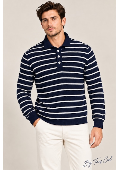 Erkek Çizgili Polo Yaka Triko Kazak Slim Fit Uzun Kollu Pamuk Akrilik Karışımlı Lacivert