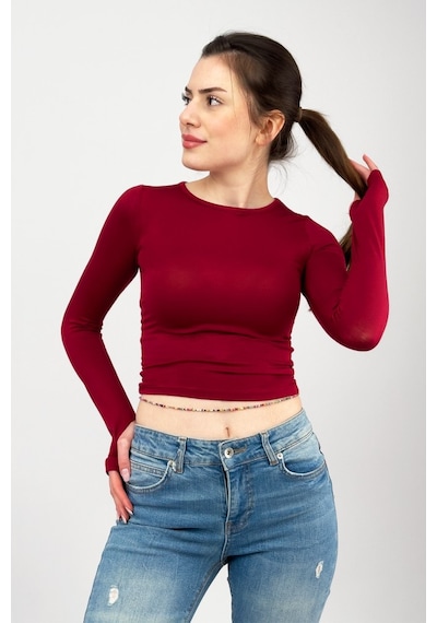 Kadın Bisiklet Yaka Parmak Detaylı Spor Body Basic Soft Touch Spor Crop Bordo