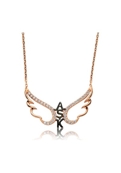 925 Ayar Gümüş Rose Altın Kaplama Kaplama Kaplama Aşk Yazılı Melek Kanadı Kadın Kolye Rose Gold