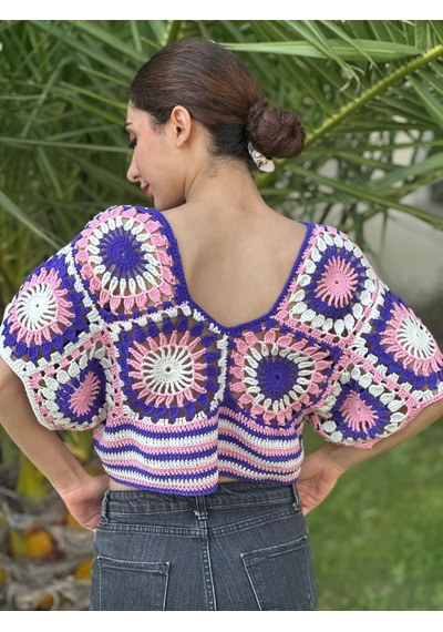 Gönülden Tasarım El Örgüsü Etnik Kadın Crop Bluz Mor