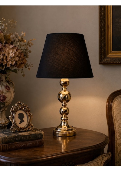 Siyah Kumaş Başlıklı Metal Toplu Gold Ayaklı Modern Abajur 60x25cm