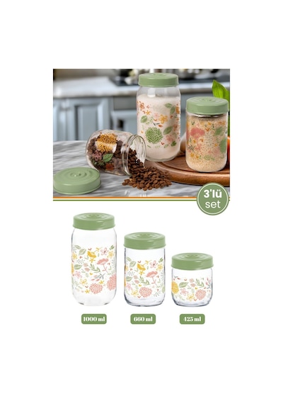 3 Lü Desenli Cam Baharatlık Seti, Kapaklı Çay Şeker Kahve Baharat Saklama Kabı 1000+660+425ml Şeffaf