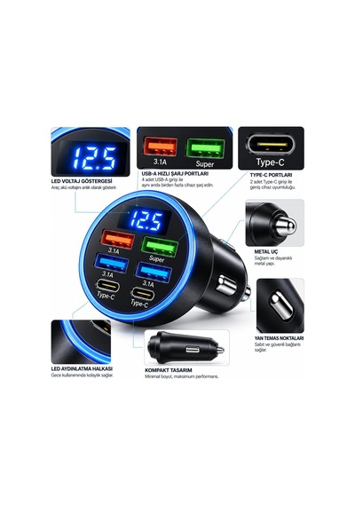 6 Portlu Araç Şarj Cihazı 4 Usb + 2 Type-c, Led Akü Voltaj Göstergeli, 3.1a Çoklu Şarj Soketi, Oto Çakmaklık Usb Adaptörü