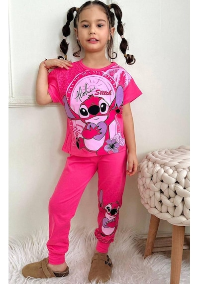 Kız Çocuk Stitchh Desenli Kısa Kollu Tshırt Eşofman 2'li Takım-995 Koyu Pembe Kız Çocuk Stitchh Desenli Kısa Kollu Tshırt Eşofman 2'li Takım-995 Koyu Pembe