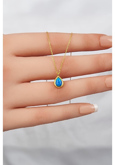 925 Ayar Gümüş Altın Kaplama Mavi Opal Taşlı Damla Minimal Bayan Kolye - 50 CM